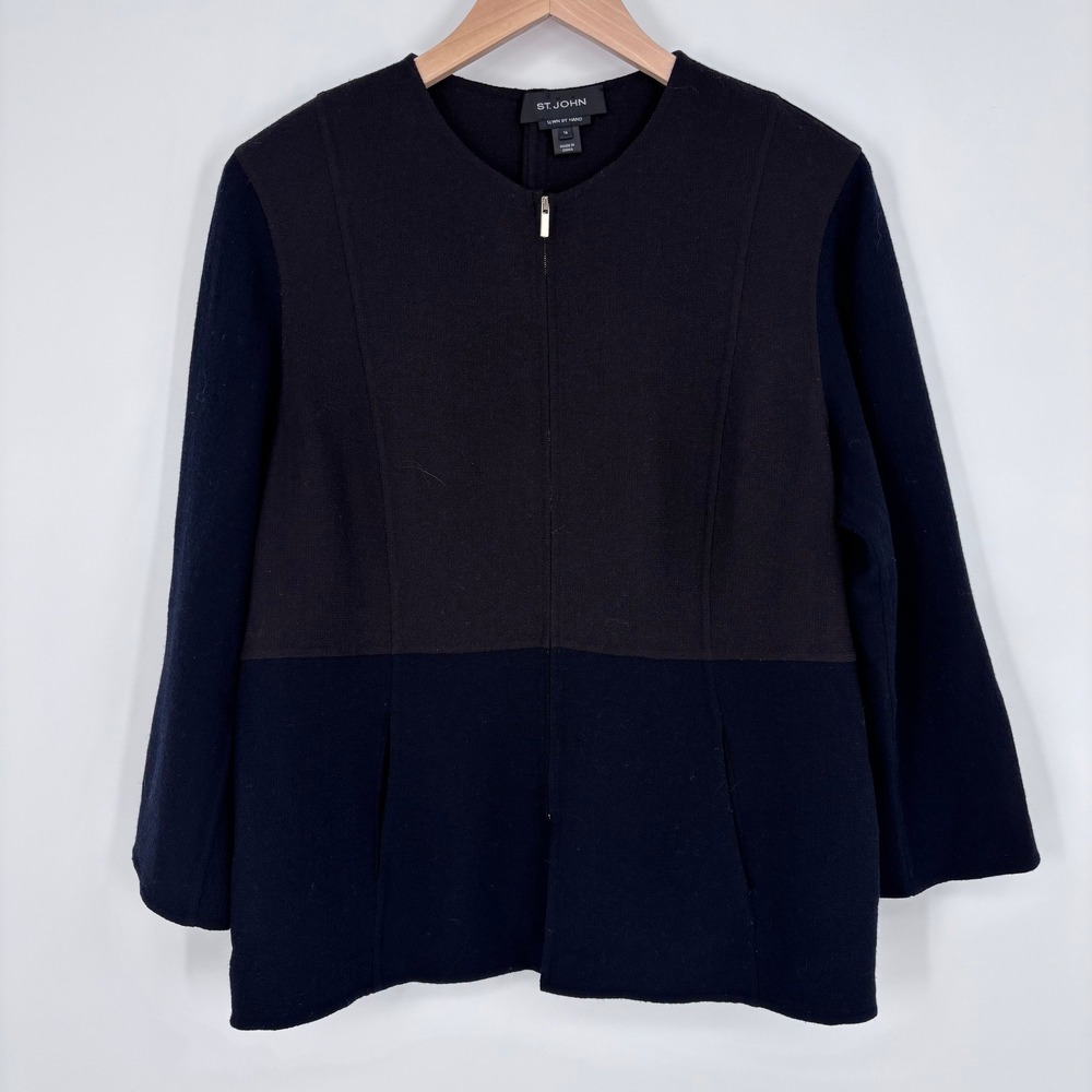 St. John "Sewn By Hand" 100% Wool Colorblock Boxy Zip Jacket Womens 16 Black